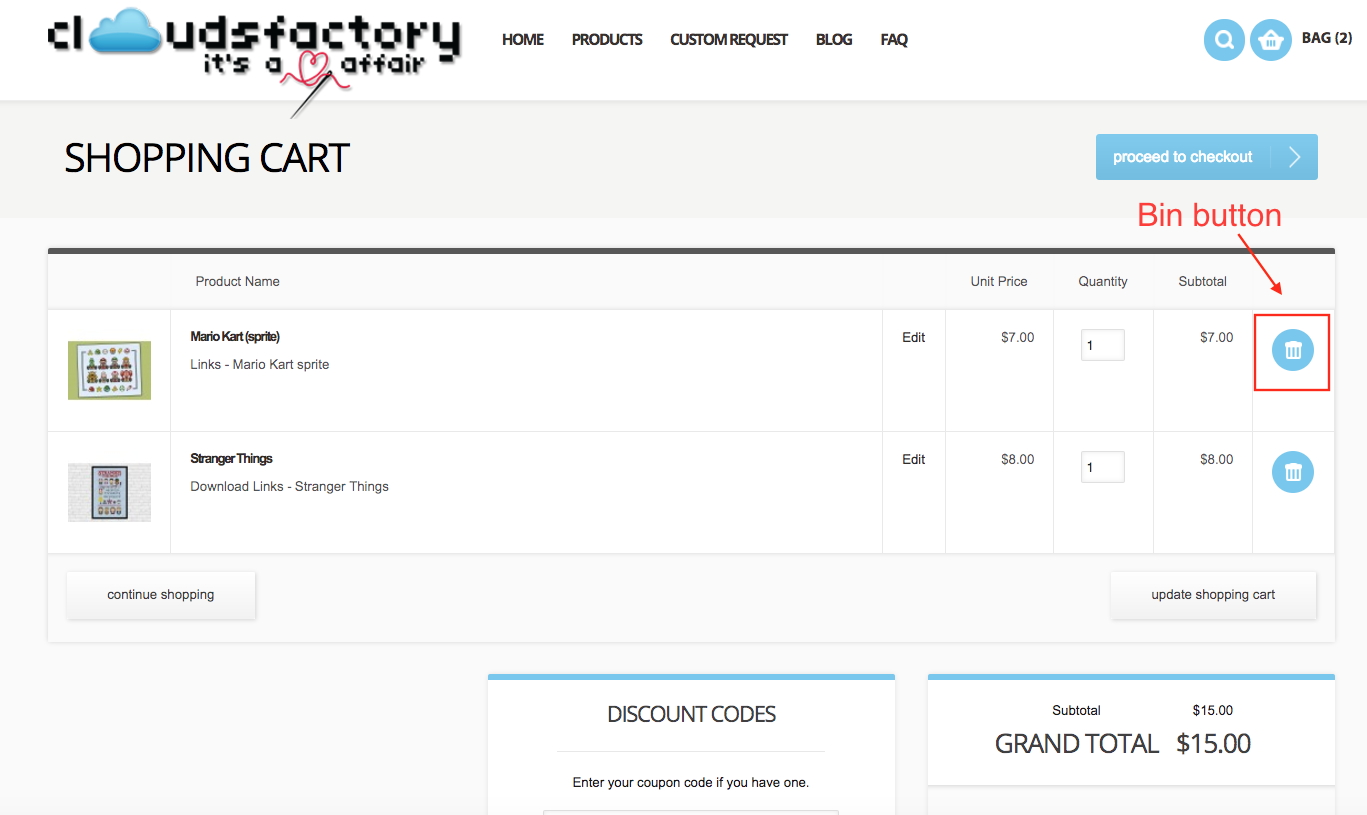 How do I delete an item from the cart?